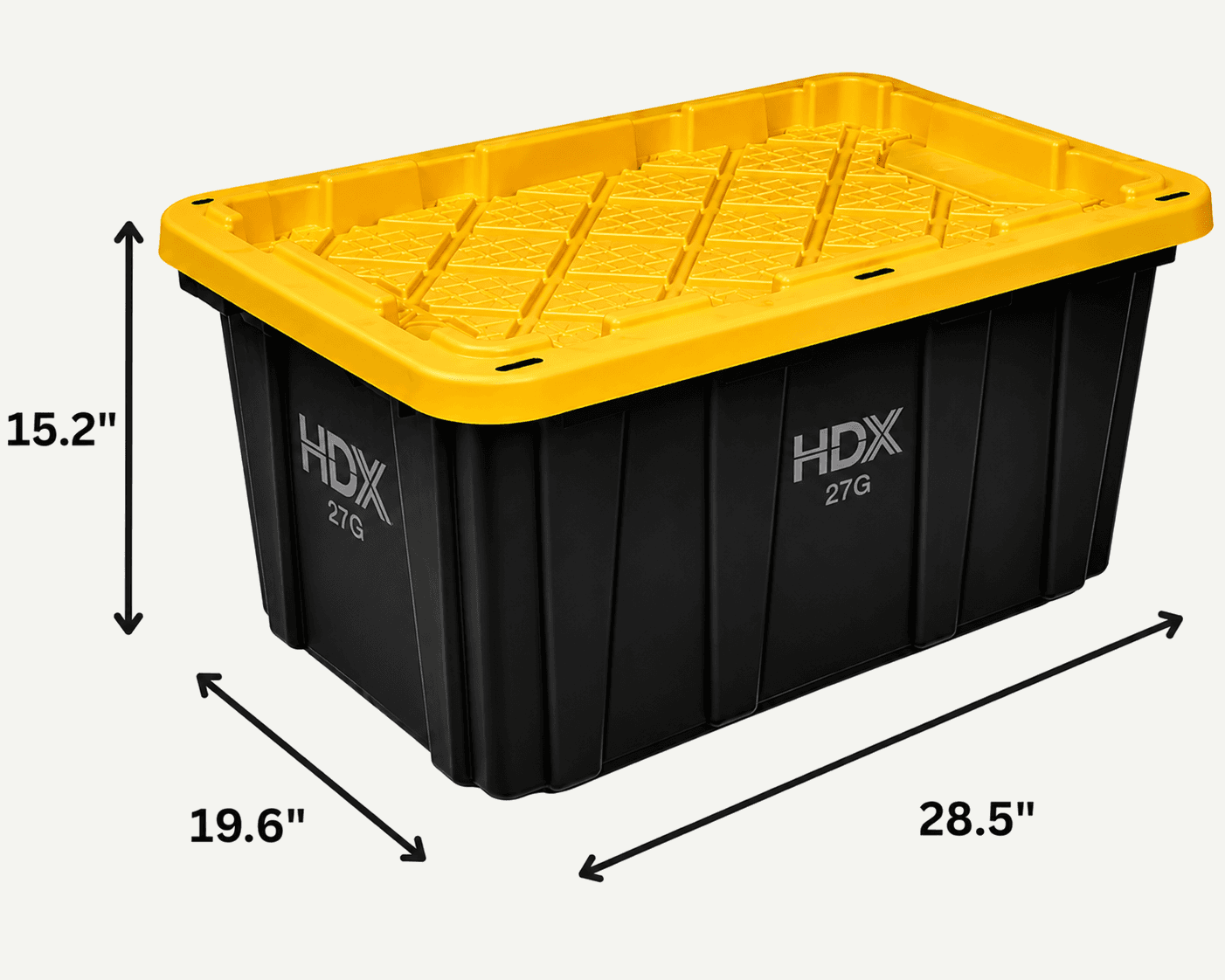 27-gallon black moving tote with yellow lid showing overall size