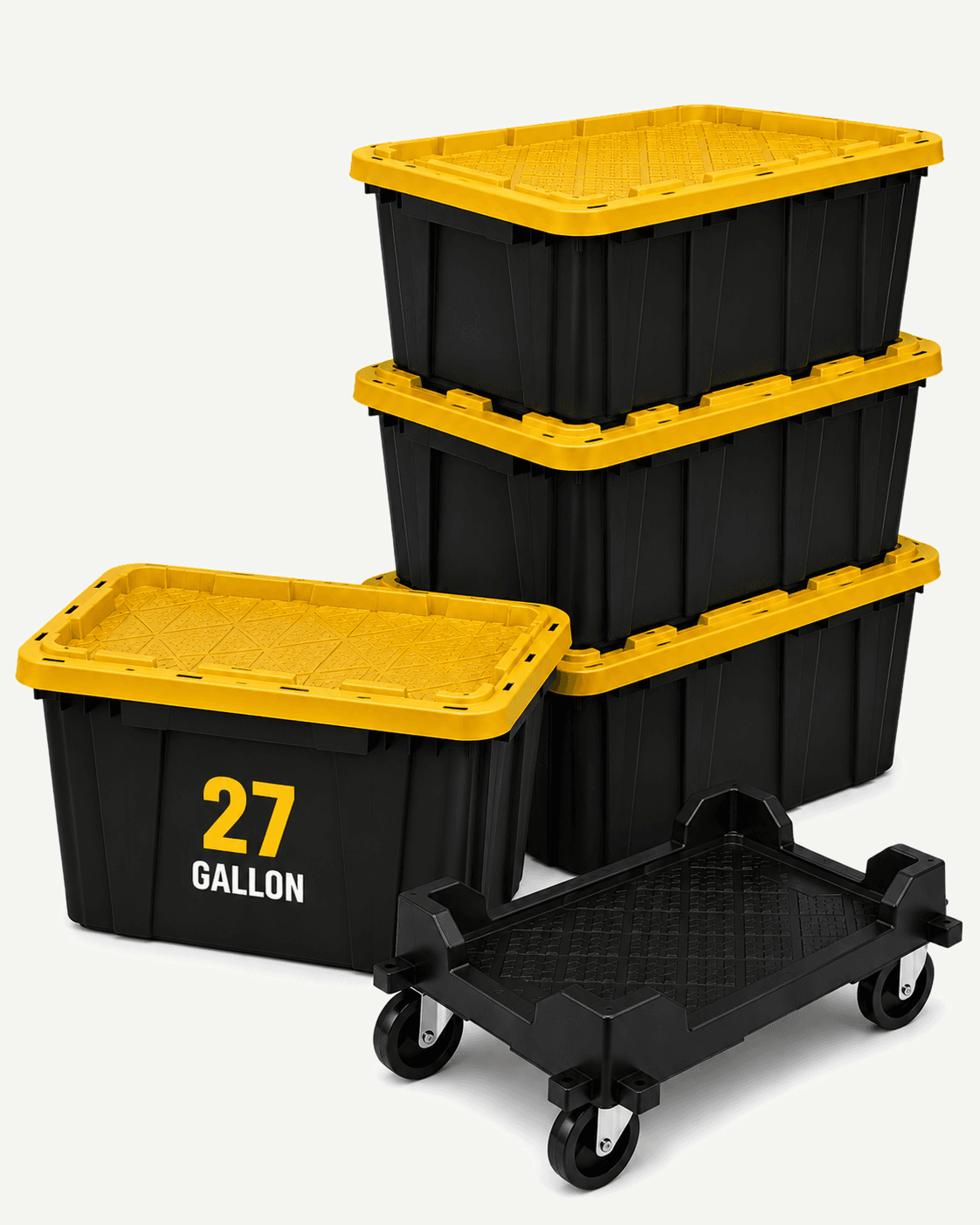 Stack of 27-gallon black moving totes with yellow lids and a tote dolly
