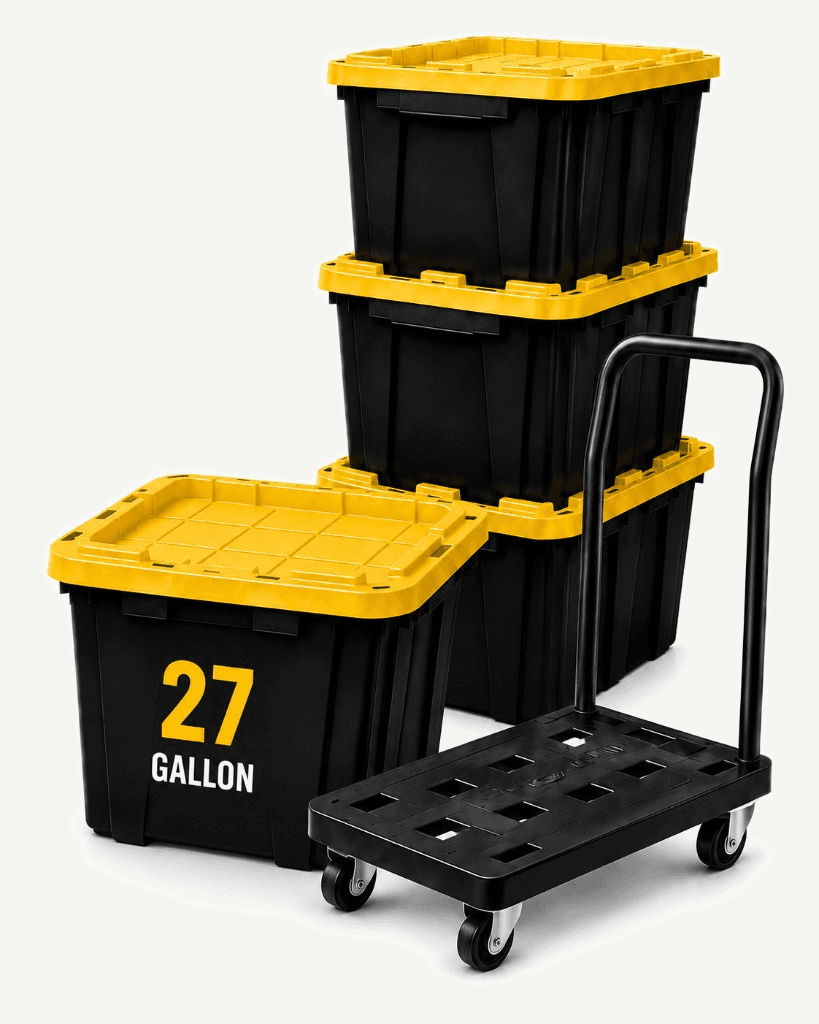 Stack of 27-gallon black moving totes with yellow lids and a tote dolly